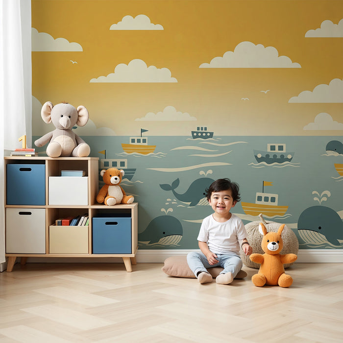 Papier peint chambre enfant | Aventure marine avec baleines et bateaux colorés