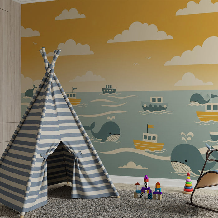 Papier peint chambre enfant | Aventure marine avec baleines et bateaux colorés