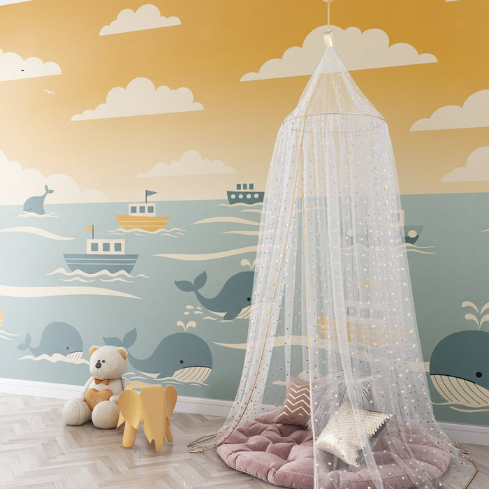 Papier peint chambre enfant | Aventure marine avec baleines et bateaux colorés