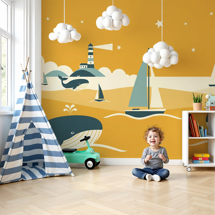 Papier peint chambre enfant | Aventure marine avec baleines et phares colorés