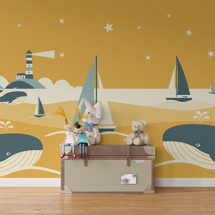 Papier peint chambre enfant | Aventure marine avec baleines et phares colorés
