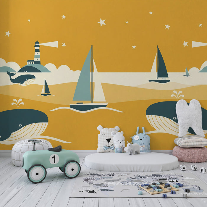 Papier peint chambre enfant | Aventure marine avec baleines et phares colorés