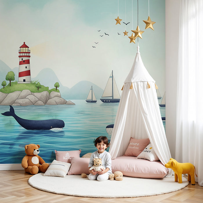 Papier peint chambre enfant | Aventure marine avec baleines et voiliers