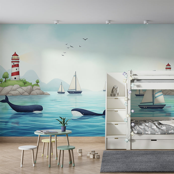Papier peint chambre enfant | Aventure marine avec baleines et voiliers