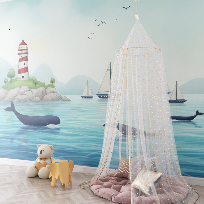 Papier peint chambre enfant | Aventure marine avec baleines et voiliers