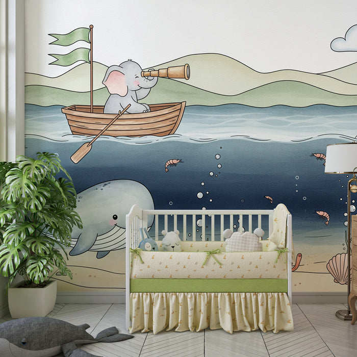 Papier peint chambre enfant | Aventure marine avec un éléphant et un pieuvre