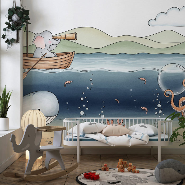 Papier peint chambre enfant | Aventure marine avec un éléphant et un pieuvre