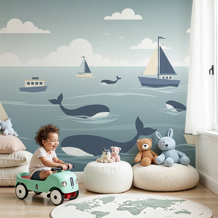 Papier peint chambre enfant | Aventure maritime avec baleines et voiliers