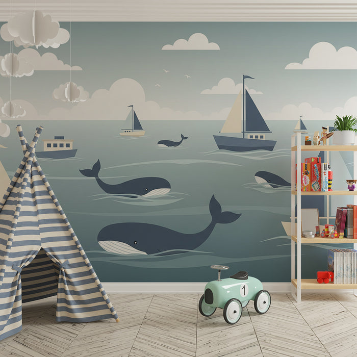 Papier peint chambre enfant | Aventure maritime avec baleines et voiliers