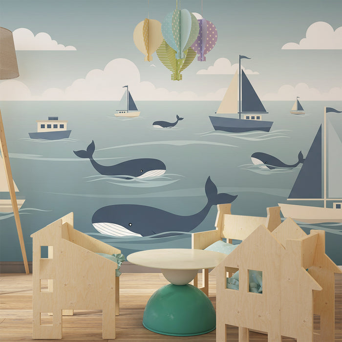 Papier peint chambre enfant | Aventure maritime avec baleines et voiliers