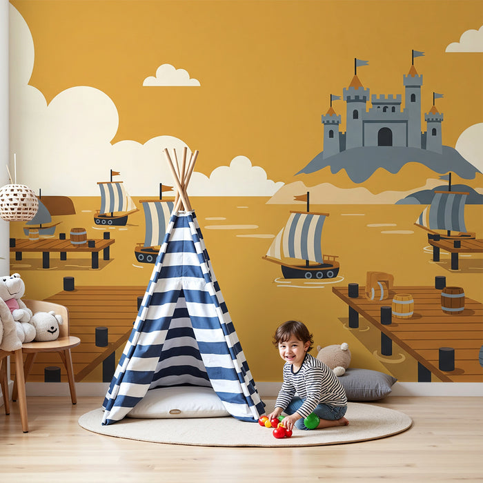 Papier peint chambre enfant | Aventure maritime avec bateaux et château