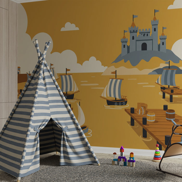 Papier peint chambre enfant | Aventure maritime avec bateaux et château