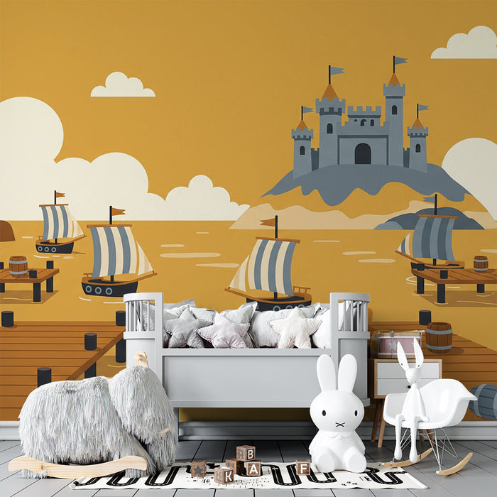 Papier peint chambre enfant | Aventure maritime avec bateaux et château