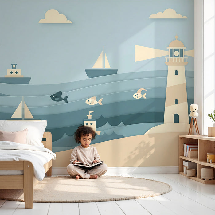 Papier peint chambre enfant | Aventure maritime avec bateaux et phare
