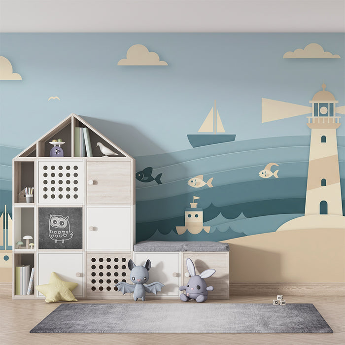 Papier peint chambre enfant | Aventure maritime avec bateaux et phare