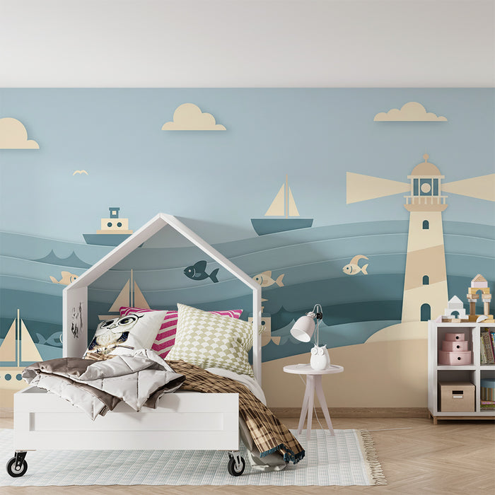 Papier peint chambre enfant | Aventure maritime avec bateaux et phare