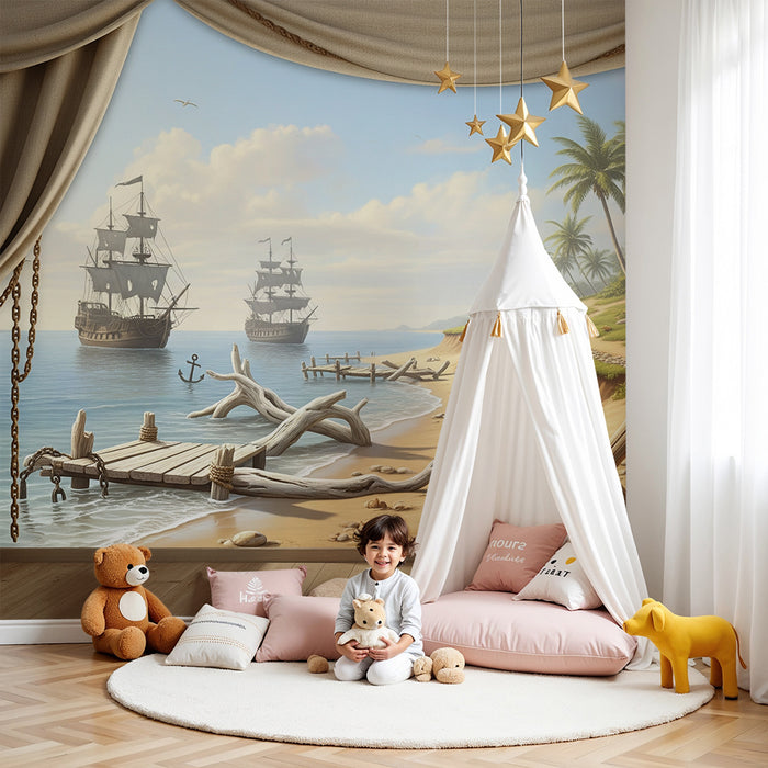 Kinderzimmer Tapete | Maritimes Abenteuer mit Booten und tropischem Strand
