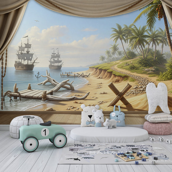 Kinderzimmer Tapete | Maritimes Abenteuer mit Booten und tropischem Strand