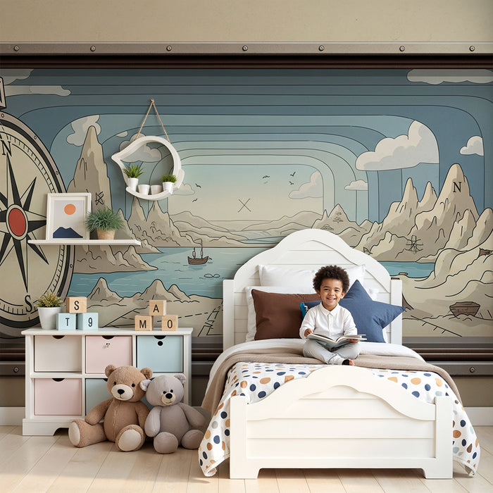 Papier peint chambre enfant | Aventure maritime avec boussole et paysages marins