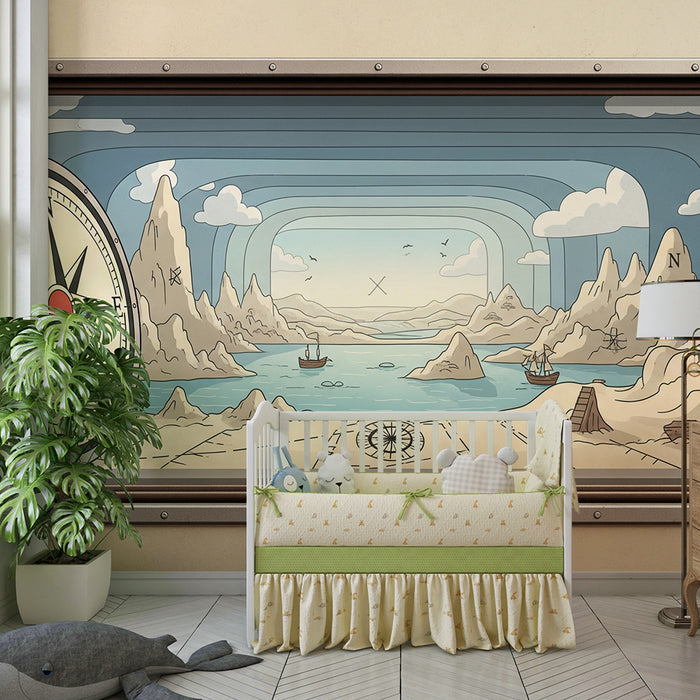 Papier peint chambre enfant | Aventure maritime avec boussole et paysages marins