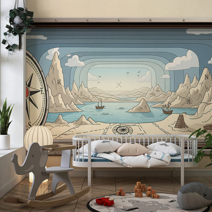Papier peint chambre enfant | Aventure maritime avec boussole et paysages marins