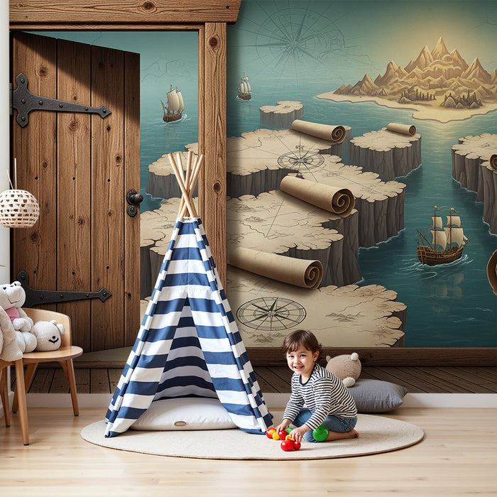 Papier peint chambre enfant | Aventure maritime avec cartes anciennes et navires