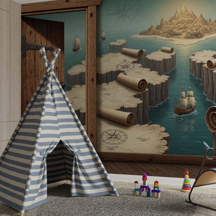 Papier peint chambre enfant | Aventure maritime avec cartes anciennes et navires