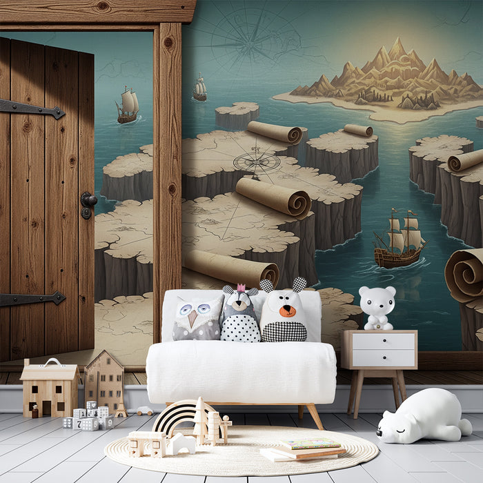 Papier peint chambre enfant | Aventure maritime avec cartes anciennes et navires