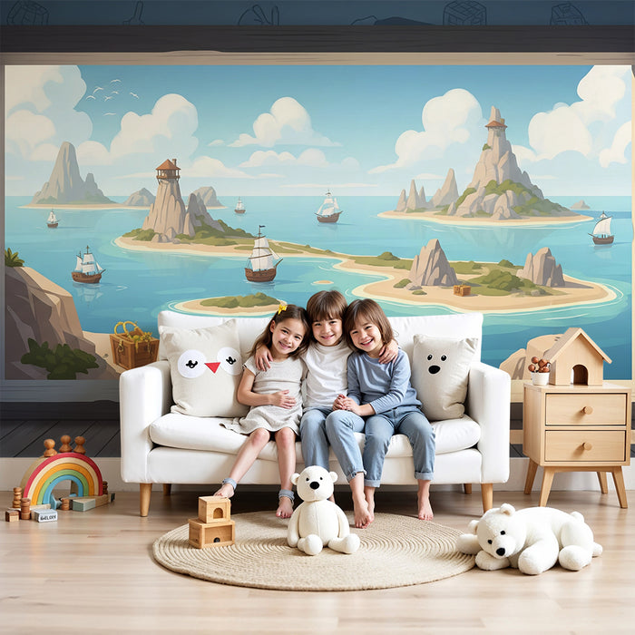Papel de parede para quarto infantil | Aventura marítima com ilhas e barcos