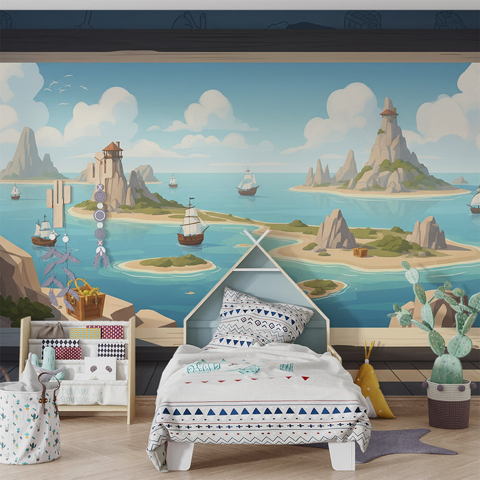 Papel de parede para quarto infantil | Aventura marítima com ilhas e barcos