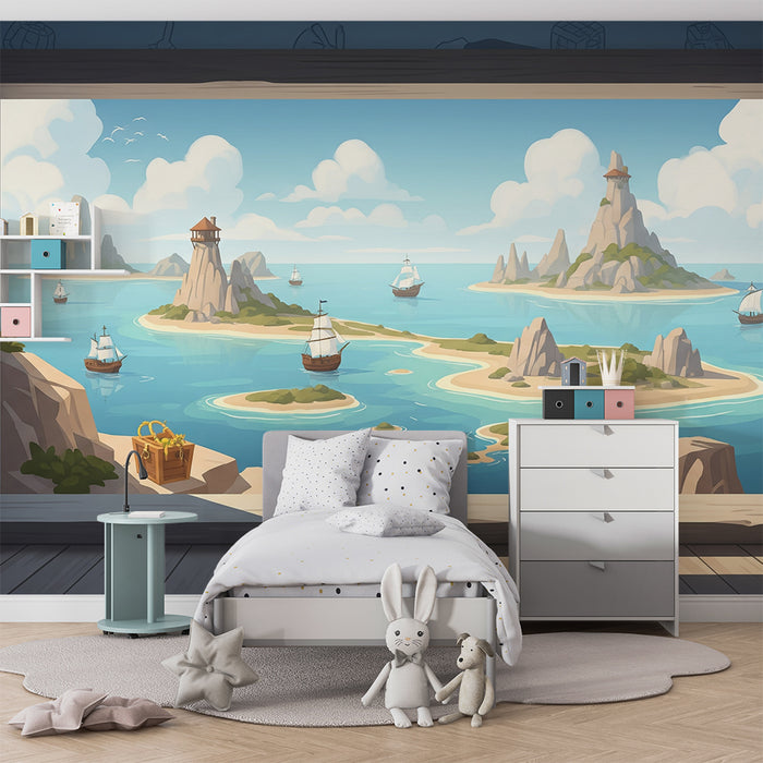 Papel de parede para quarto infantil | Aventura marítima com ilhas e barcos