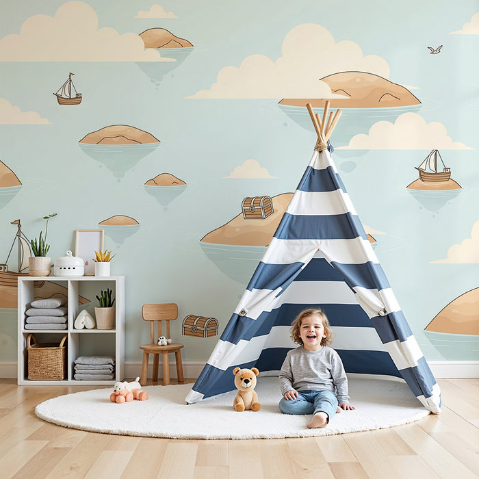 Papier peint chambre enfant | Aventure maritime avec îles et trésors cachés