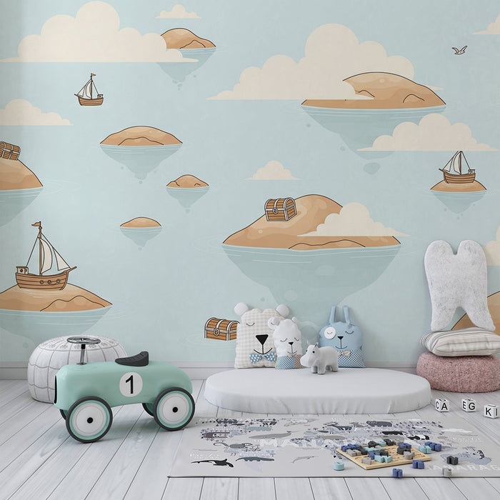 Papier peint chambre enfant | Aventure maritime avec îles et trésors cachés
