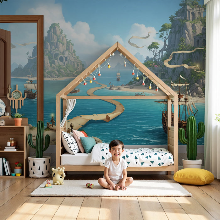 Papier peint chambre enfant | Aventure maritime avec îles mystérieuses et navires