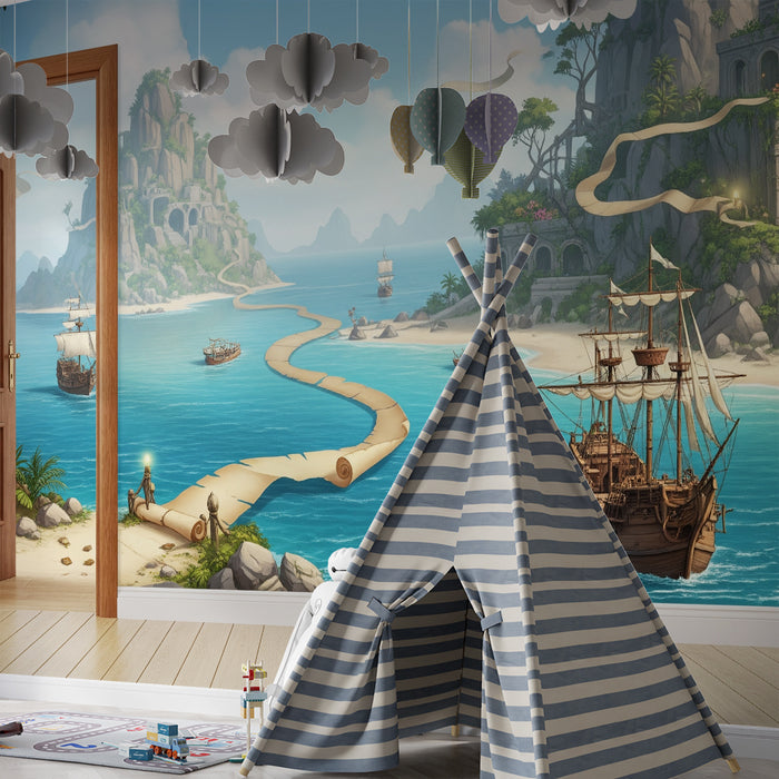 Papier peint chambre enfant | Aventure maritime avec îles mystérieuses et navires