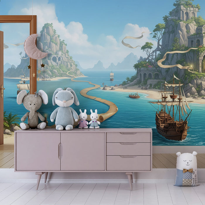 Papier peint chambre enfant | Aventure maritime avec îles mystérieuses et navires