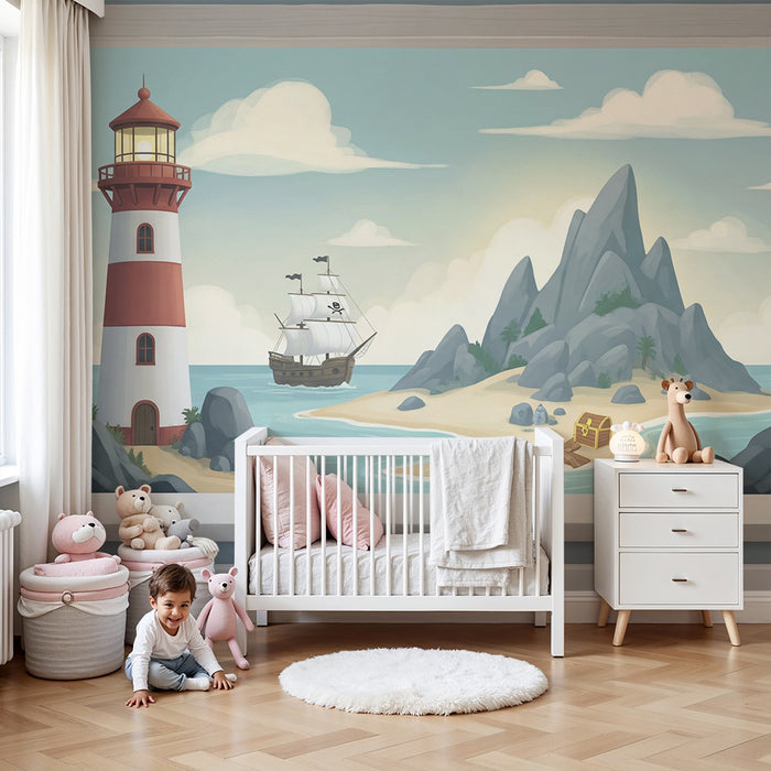 Papel de parede para quarto infantil | Aventura marítima com farol e barco pirata
