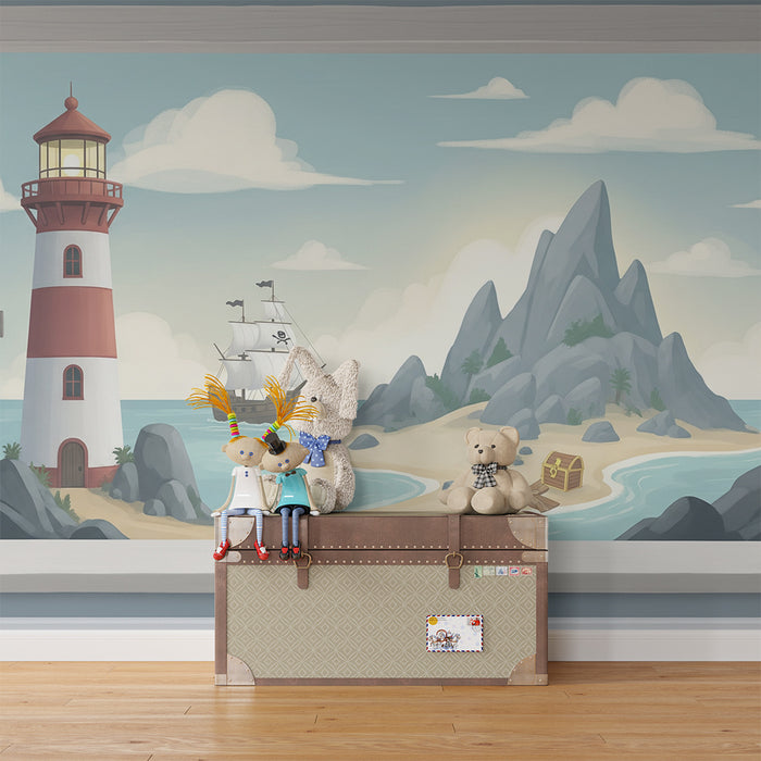 Papel de parede para quarto infantil | Aventura marítima com farol e barco pirata