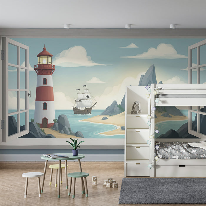 Papel de parede para quarto infantil | Aventura marítima com farol e barco pirata
