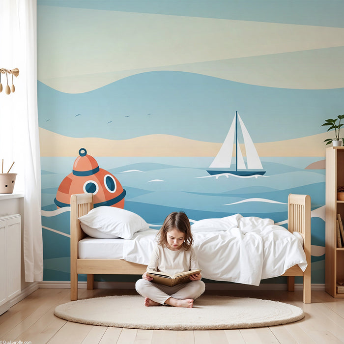 Kinderzimmer Tapete | Seefahrtabenteuer mit Leuchtturm und buntem U-Boot