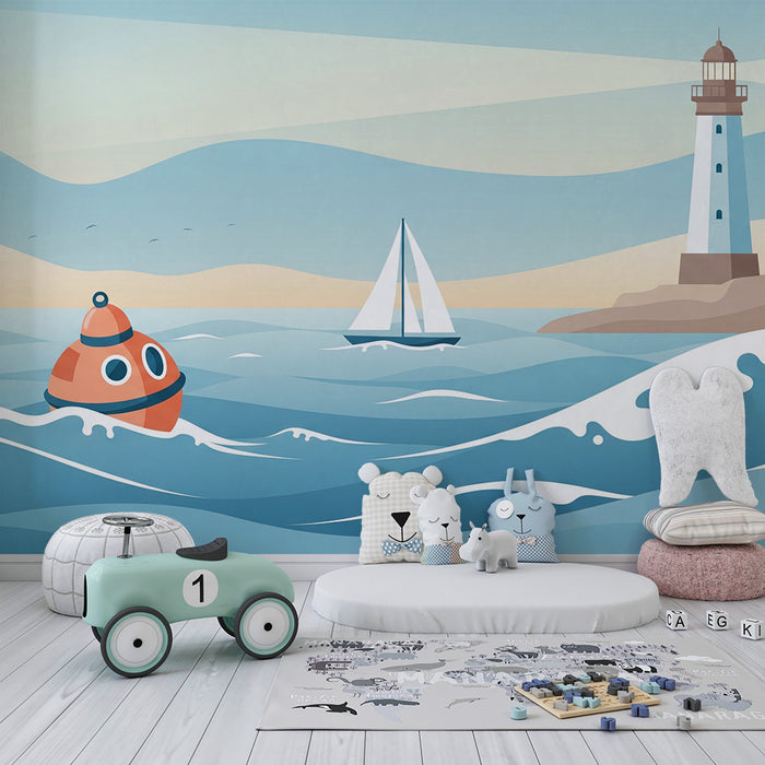 Kinderzimmer Tapete | Seefahrtabenteuer mit Leuchtturm und buntem U-Boot