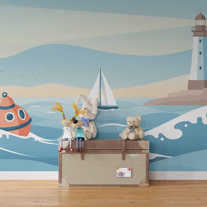 Kinderzimmer Tapete | Seefahrtabenteuer mit Leuchtturm und buntem U-Boot