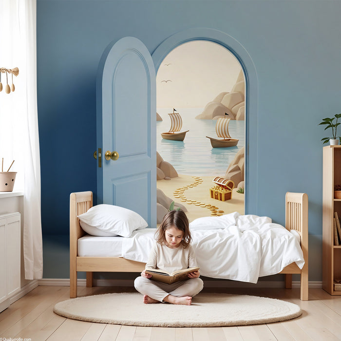 Papier peint chambre enfant | Aventure maritime avec trésor et voiliers