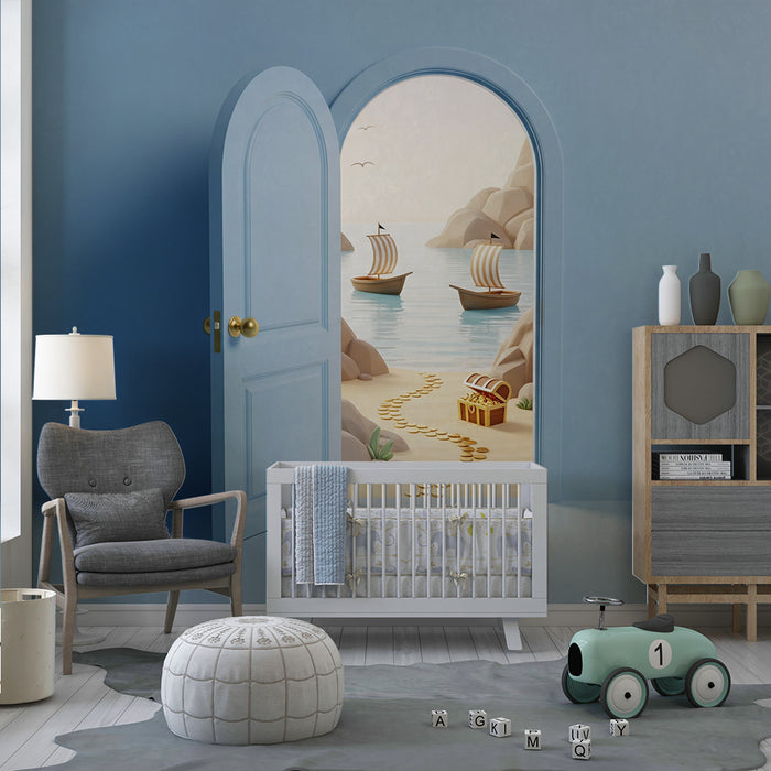 Papier peint chambre enfant | Aventure maritime avec trésor et voiliers