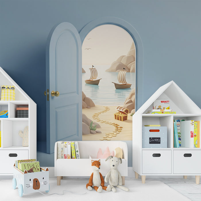 Papier peint chambre enfant | Aventure maritime avec trésor et voiliers