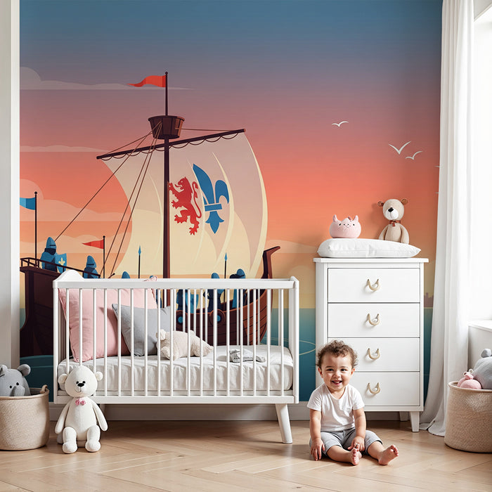 Kinderzimmer-Tapete | Maritime Abenteuer mit Schiff und Burg