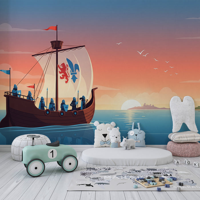 Kinderzimmer-Tapete | Maritime Abenteuer mit Schiff und Burg
