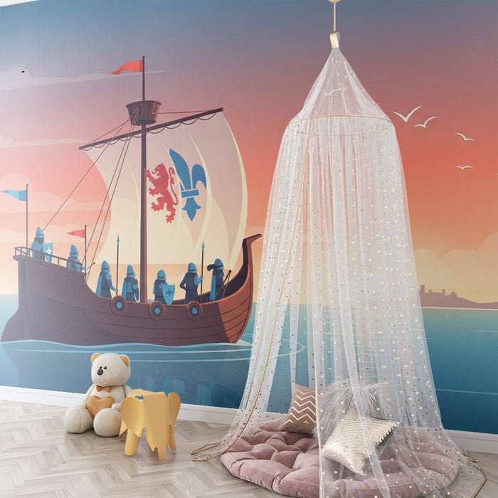 Kinderzimmer-Tapete | Maritime Abenteuer mit Schiff und Burg