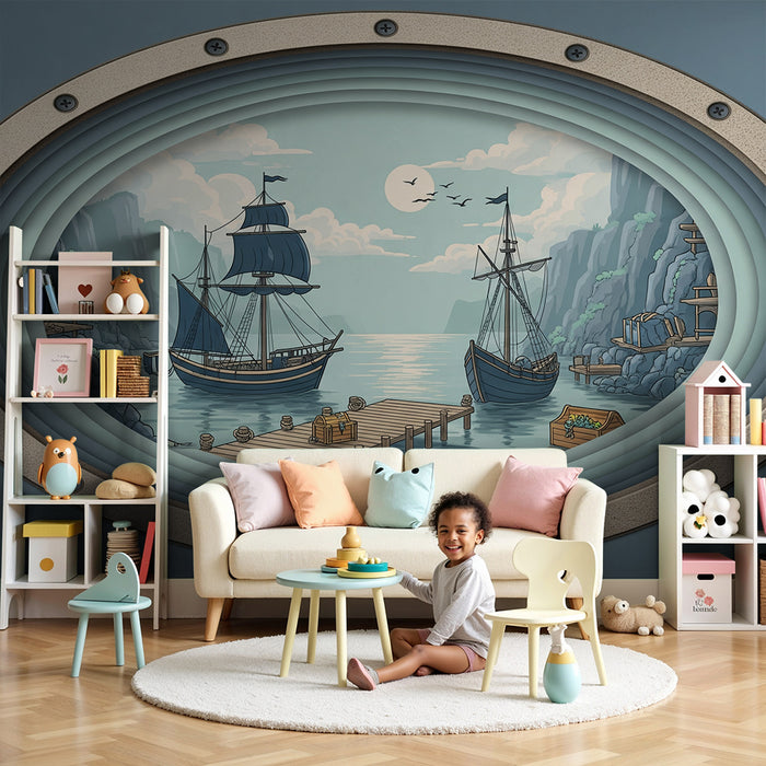 Papier peint chambre enfant | Aventure maritime avec voiliers et paysages côtiers