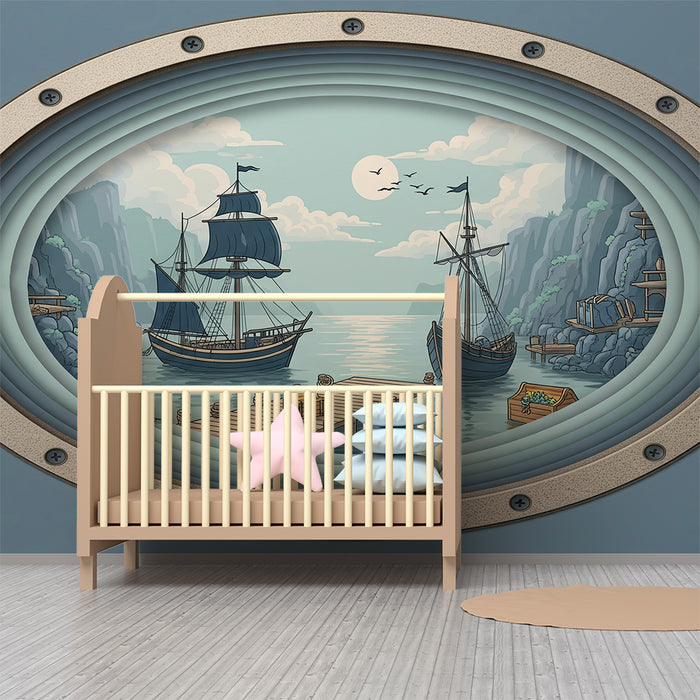 Papier peint chambre enfant | Aventure maritime avec voiliers et paysages côtiers